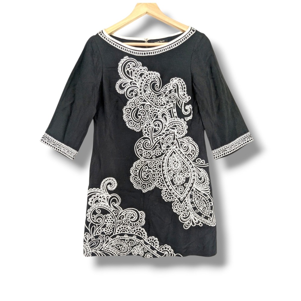 Nanette Lepore Black Linen Blend Paisley Embroidered Shift Dress 2 3/4 Sleeve‎